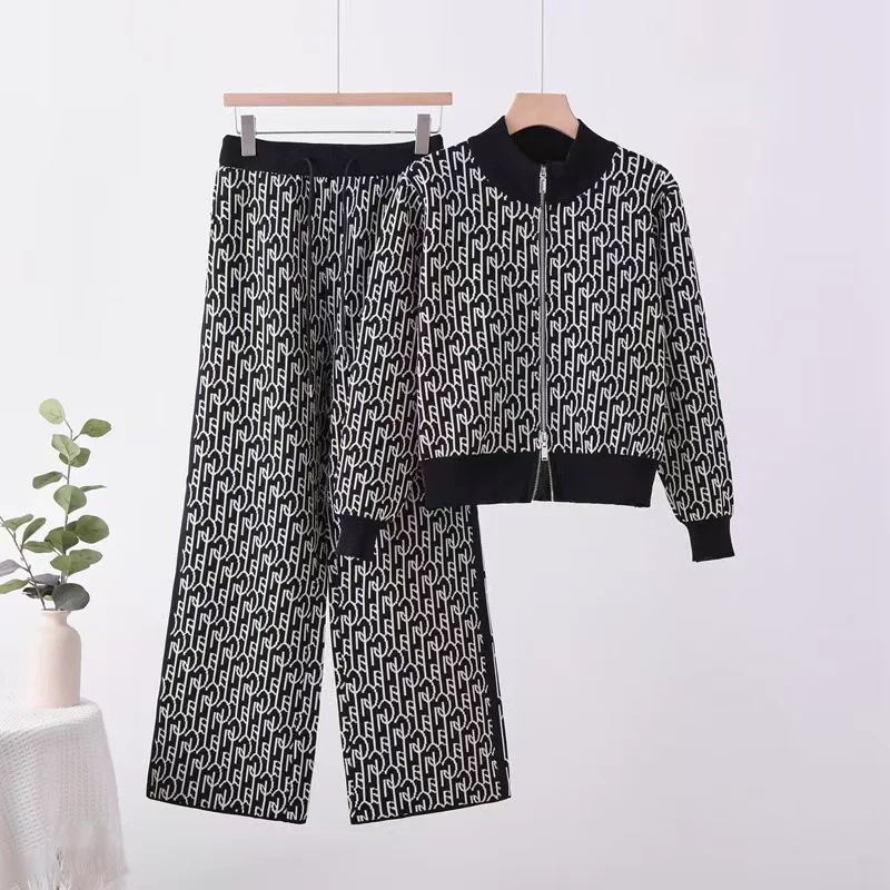 Damskie komplety dzianinowe z nadrukiem, nowe, dwuczęściowe, zapinane na zamek, z dekoltem typu O, sweter z długim rękawem, kardigan, topy, zestawy, spodnie z wysokim stanem.