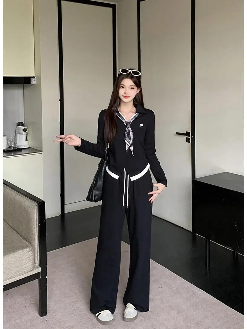 Plus size faionable conjunto de duas peças feminino outono v-ne fita de seda calças de perna larga roupa coreano sle solto ajuste longo sve