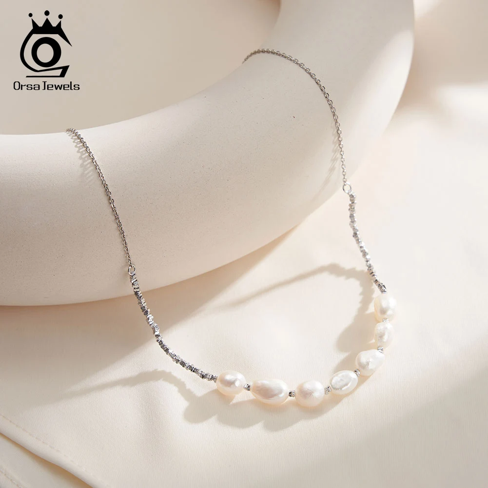 

ORSA JEWELS Genuine 925 Sterling Silve Pearl Necklace Rhodium Cultured Freshwater Pearls Chain female Collar Jewelry GPN69