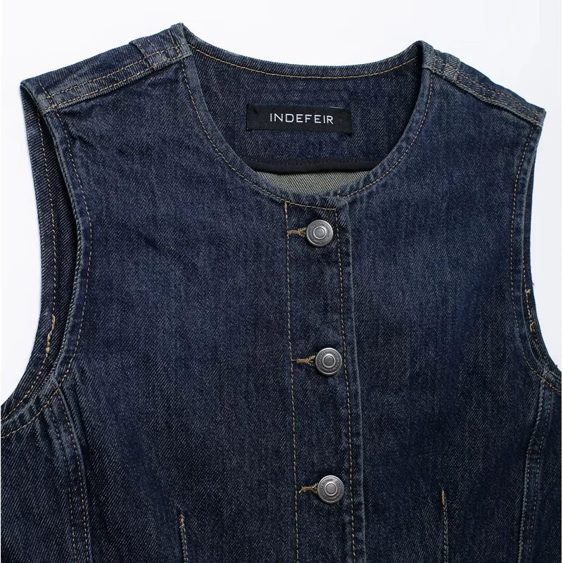 TRAF Waistcoat Women Sleeveless Denim Vest Woman Outerwears Summer Slim Navy Blue Vest Casual Button Cropped Vests For Women