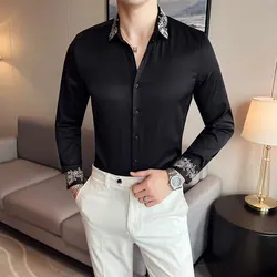 Y2K Mens Vintage Long Sleeve Black Shirt New Fashion Hawaiian Slim Fit Embroidery Shirts Casual Cargo Shirts Men Chemise Homme