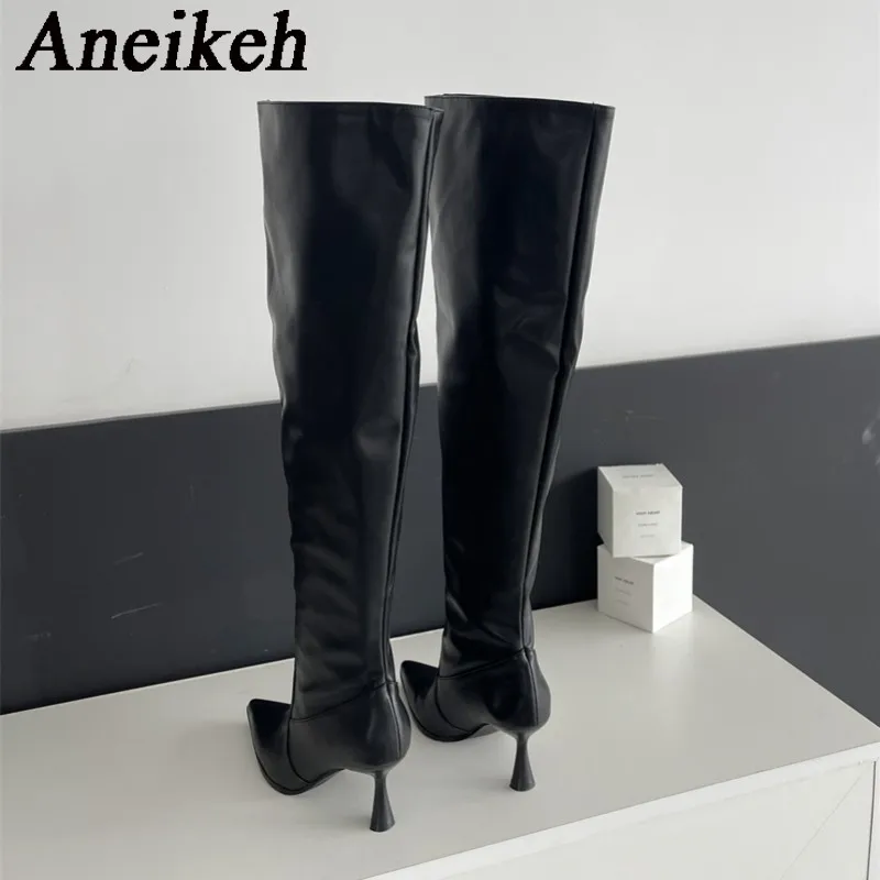 Aneikeh Concise Pleated Pointed Toe Leather Thigh High Heels Knee-High Long Boots Fashion Street Style Female Shoe Spring/Autumn