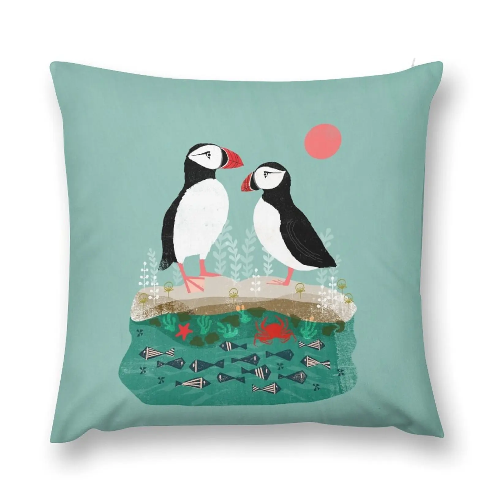 Puffins - Pair of Seabirds, Ocean, Sea Life, Coastal Art by Andrea Lauren Throw Pillow covers for pillows Cushion Child pillow