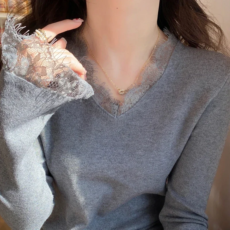 Knitted Sweater Women Pullovers New Long Sleeve V-Neck Black Lace Knit Sweater Pullover Women Tops Sweaters Women Clothing Q2078