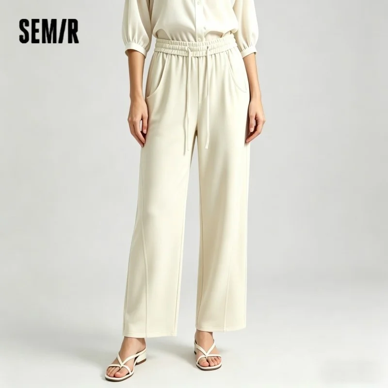 Calças Casuais Femininas Semir com Textura Xadrez, Modelo Solto em Formato Sabre, Novidade Verão 2025, Calças Pretas de Perna Larga com Efeito Emagrecedor para Uso Diário