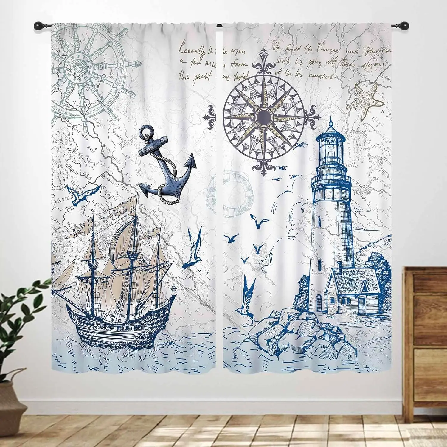 Ocean Nautical Theme Curtains,Sailboat Compass Hand Painted Navigation Vintage Nautical Elements Theme Style Bedroom Living Room