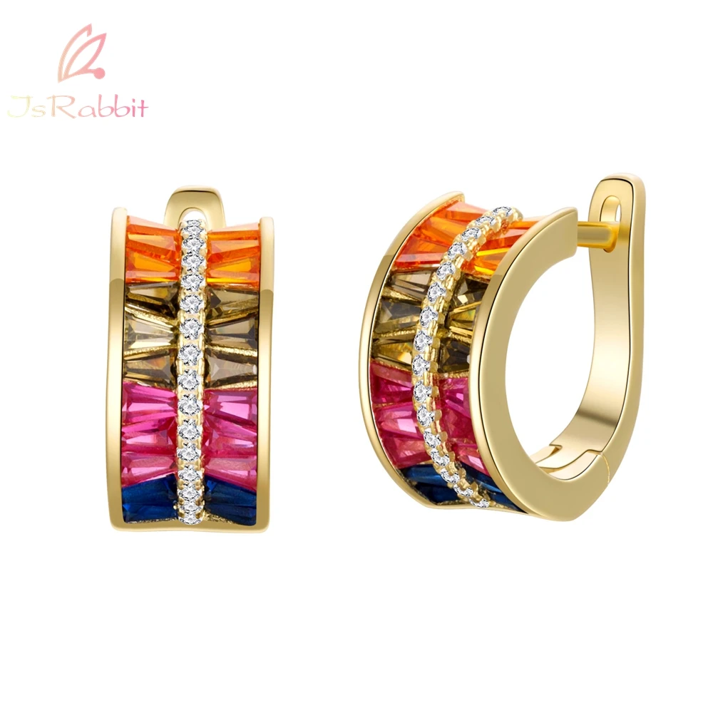 IsRabbit 18K Gold Plated Lab Fancy Vivid Rainbow Sapphire Sporty Hoop Earrings 925 Sterling Silver Luxury Jewelry Drop Shipping