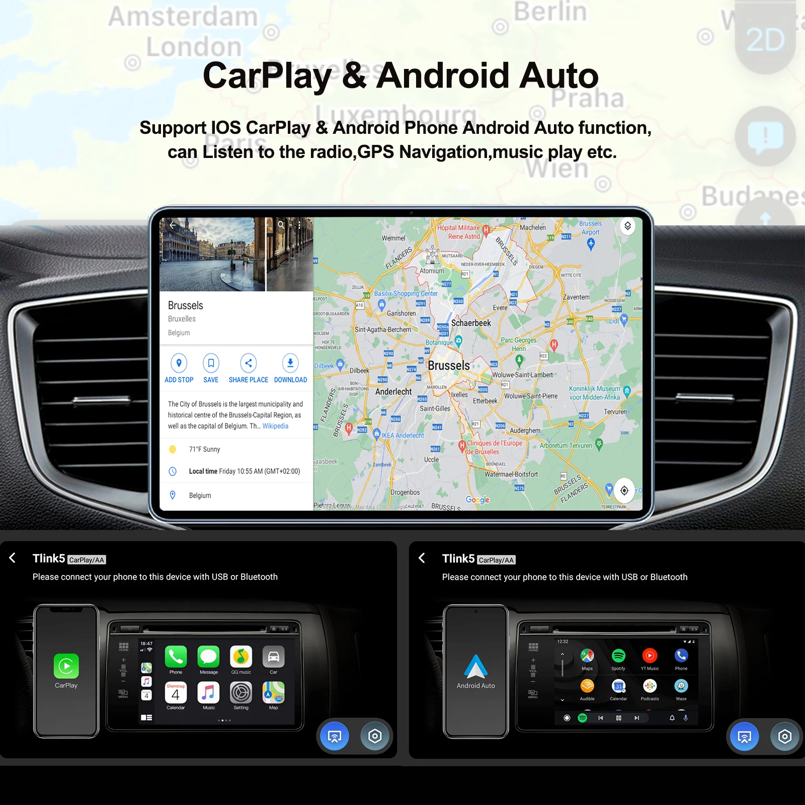 7 "9" 10 "T100 Universal Androidหน้าจอWireless Carplayรถเครื่องเล่นดีวีดีวิดีโอUniversal Headunit GPS Carplay 5G Wifi BT5.4