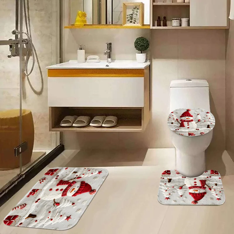 4Pcs Christmas Snowman Shower Curtain Set, 12 Hooks, Bath Mat, Toilet Cover, Curtain, Bathroom Accessories, Home Decor