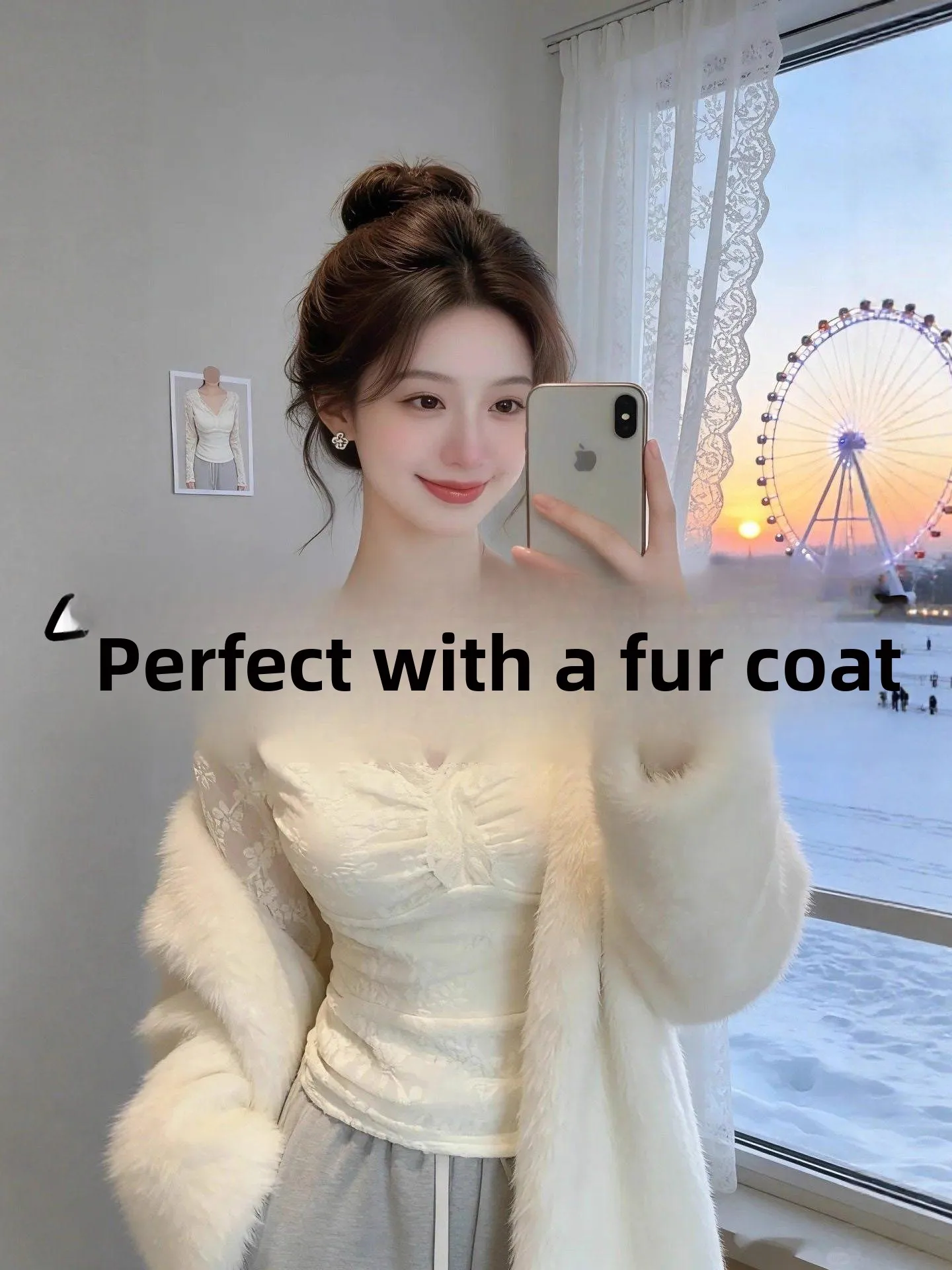 

Lace Splice V-ne Long Sve Base irt Women's Autumn Winter Slimming Faux Fur Inner Wear Top Korean Sle Commute Wind