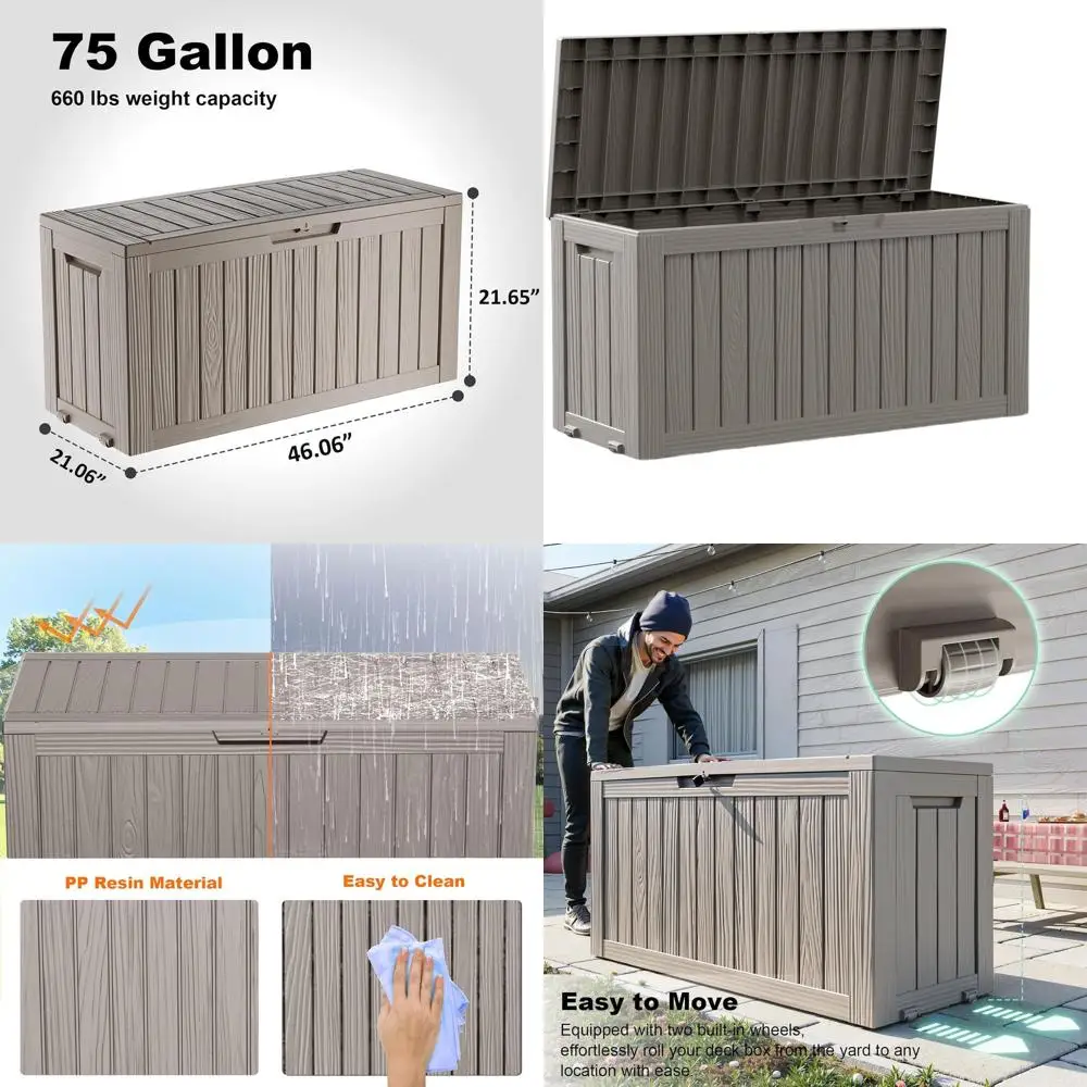 

Уличный ящик для хранения объемом 75 галлонов, устойчивый к погодным условиям, с замком, подходит для садовых подушек и инструментов.