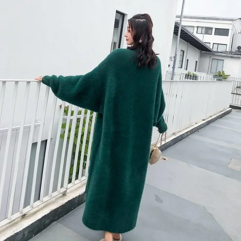 Autumn Winter Women Cashmere Long Cardigan Fashion Loose Casual Oversized Sweaters Green Jacket Soft Wool Warm Knitted Coats