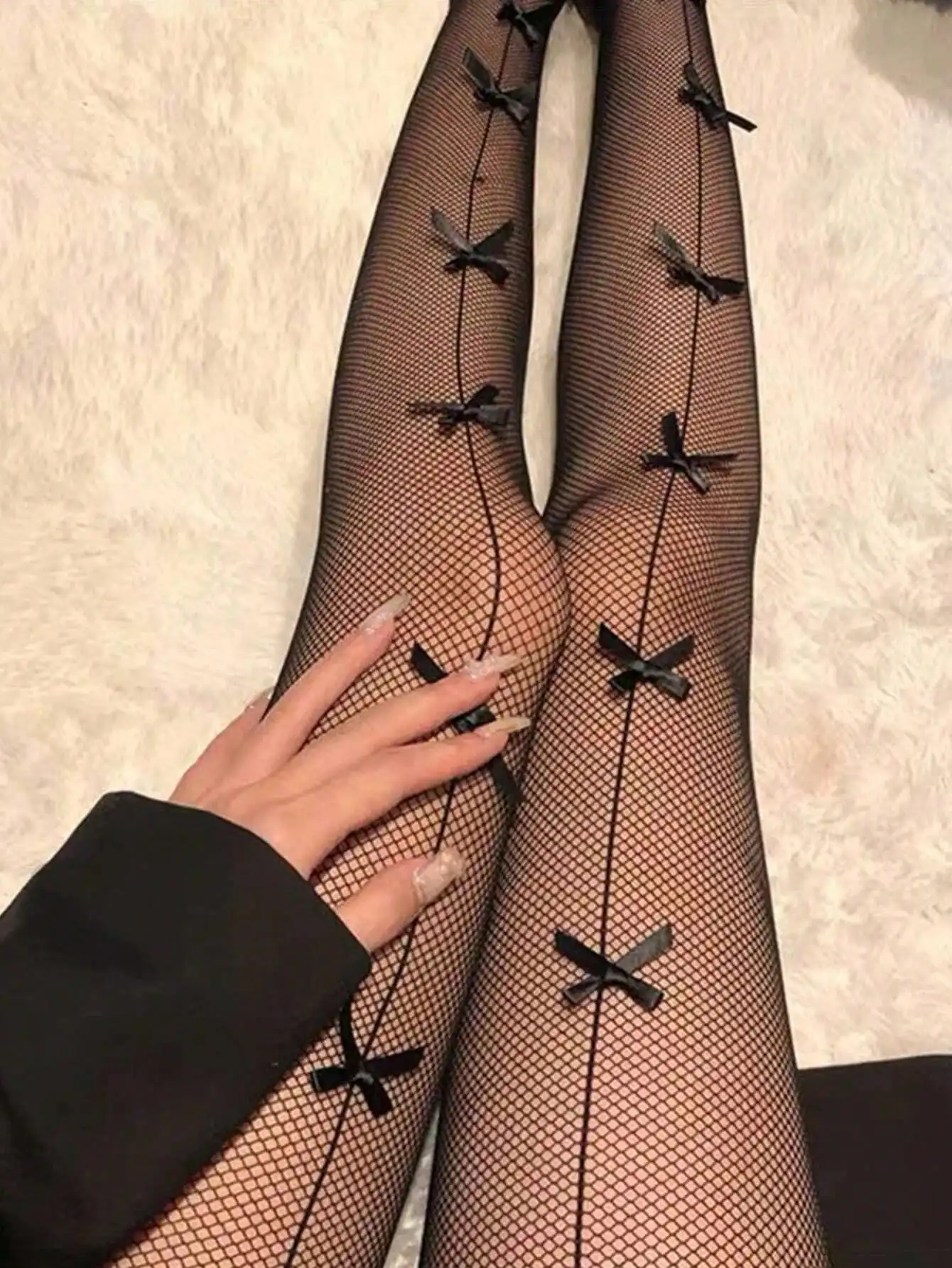 

Black Bow Detail Fishnet Tights for Women, Sexy Hollow Out Mesh Stockings with Ribbon Accents