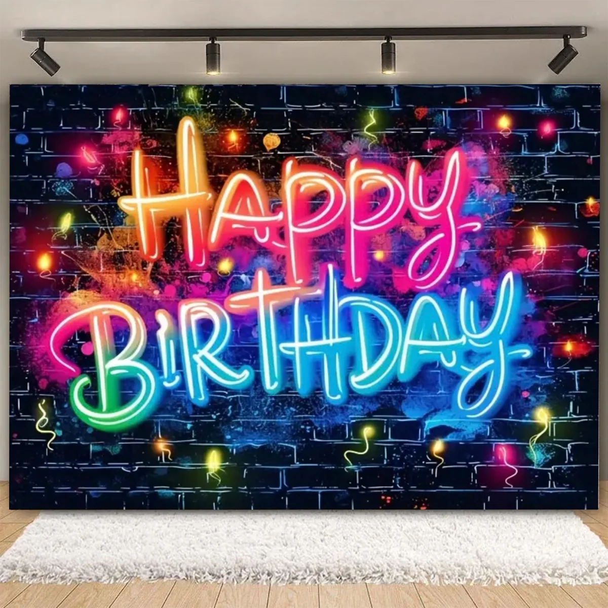 

Brick Wall Birthday Background Neon Glow Graffiti splashed Decoration Posters Banner Photography for Backdrops Baby Shower Gifts