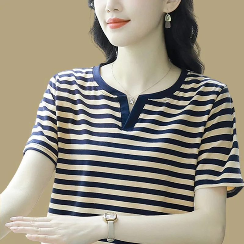 Women's Navy Beige Stripe V Notch Neck Short Sleeve T-Shirt Casual Loose Fit Cotton Blend Top