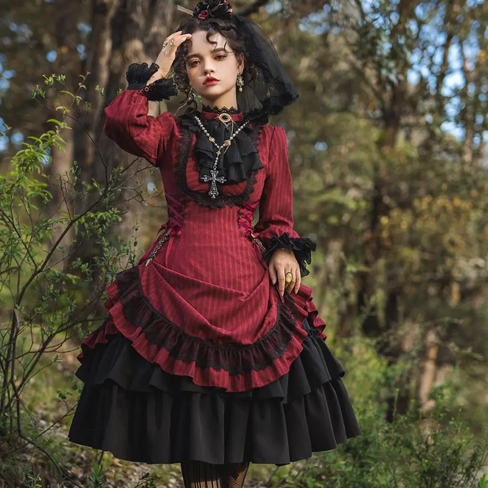 Gothic Lolita long-sleeved Stand-up Collar dress Poynter Manor Vintage striped Elegant Lolita OP dress