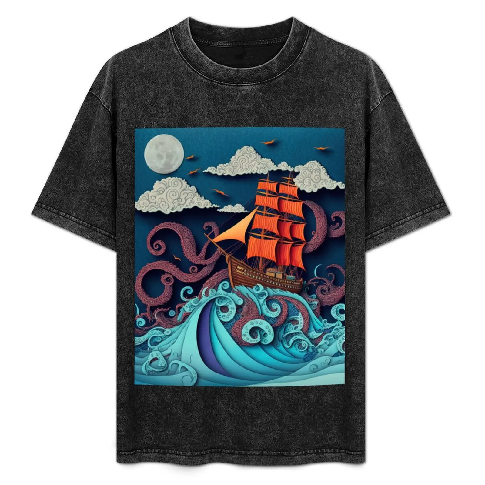 Vintage Kraken Attacking Ship illustration T-Shirt sweat tops mens designer clothes