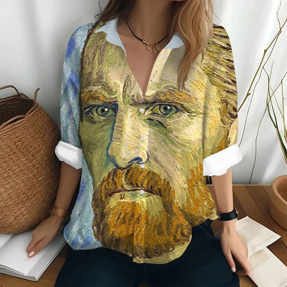 Women\'s Trendy Shirt Van Gogh Oil Painting Printed T-shirt Loose Button Top Clothing Street Fashion Lapel Jacket Women\'s Shirt