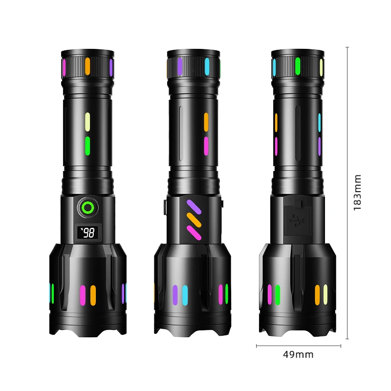 MONHNR LED Rechargeable Battery Display Flashlight Fluorescent Absorbing Film Luminous Colorful Zoom Tactical Flashlight Camping