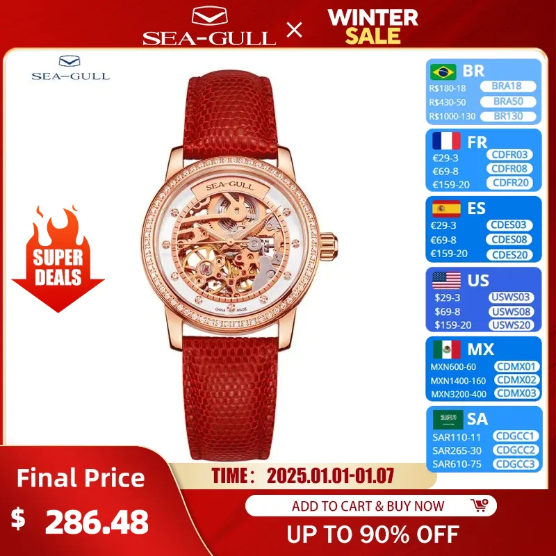 

Seagull Fashion Women's Watch Red Luxury Zircon Skeleton Womens Mechanical Automatic Ladies Wristwatch Montre Femme 719.403LK