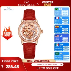 Seagull Fashion Women's Watch Red Luxury Zircon Skeleton Womens Mechanical Automatic Ladies Wristwatch Montre Femme 719.403LK