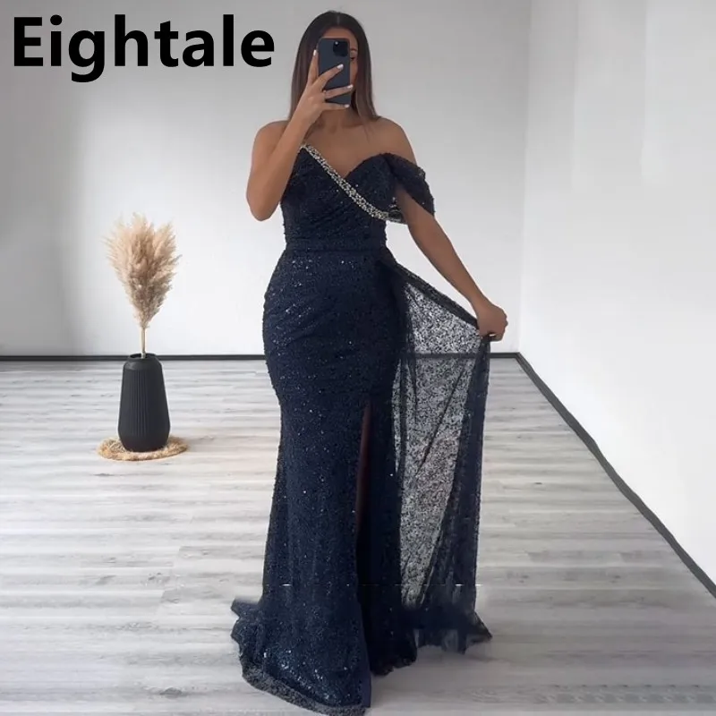 Eightale 2024 Black Mermaid Sequins Evening Dresses For Wedding Party Sexy Slit One Shoulder Formal Prom Dress Dubai Party Gown