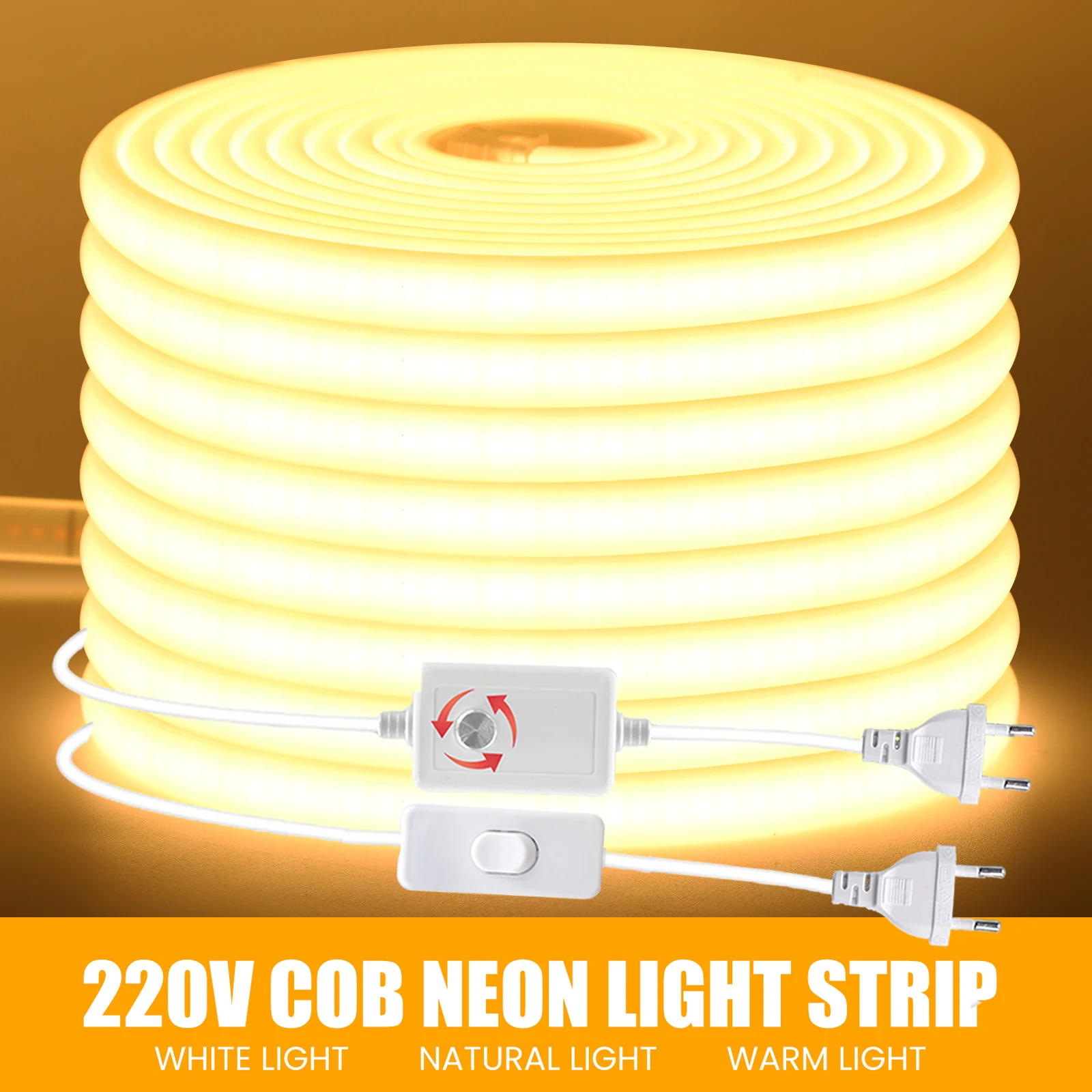 220V Dimmable COB LED Strip Light Switch EU Power Kit 288LED/M Waterproof Bright 3000K 4000K 6000K Flexible Neon Tube Lamp Decor