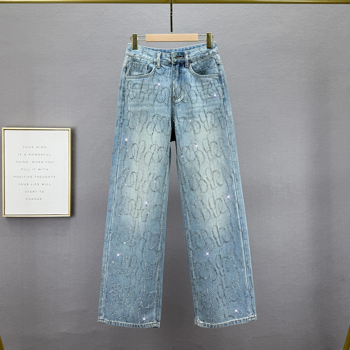 

Fleece-Lined Women's Floor-Length Jeans, 2025 Winter New High-Waisted Loose Slimming Heavy-Duty Rhinestone Wide-Leg Pants