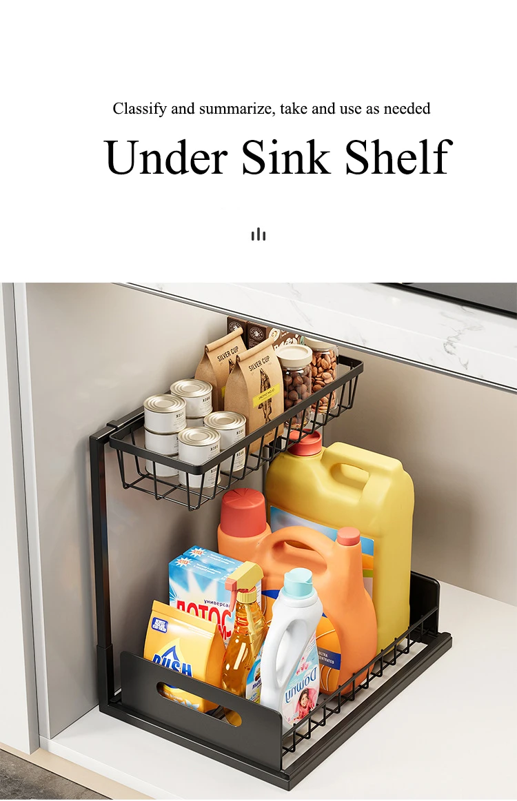 Kitchen Storage Shelf for Clutter-Free Ironwork 2-Tier Dish & Spice Storage Rack Multi-functional Pull-Out Under Sink Organizer