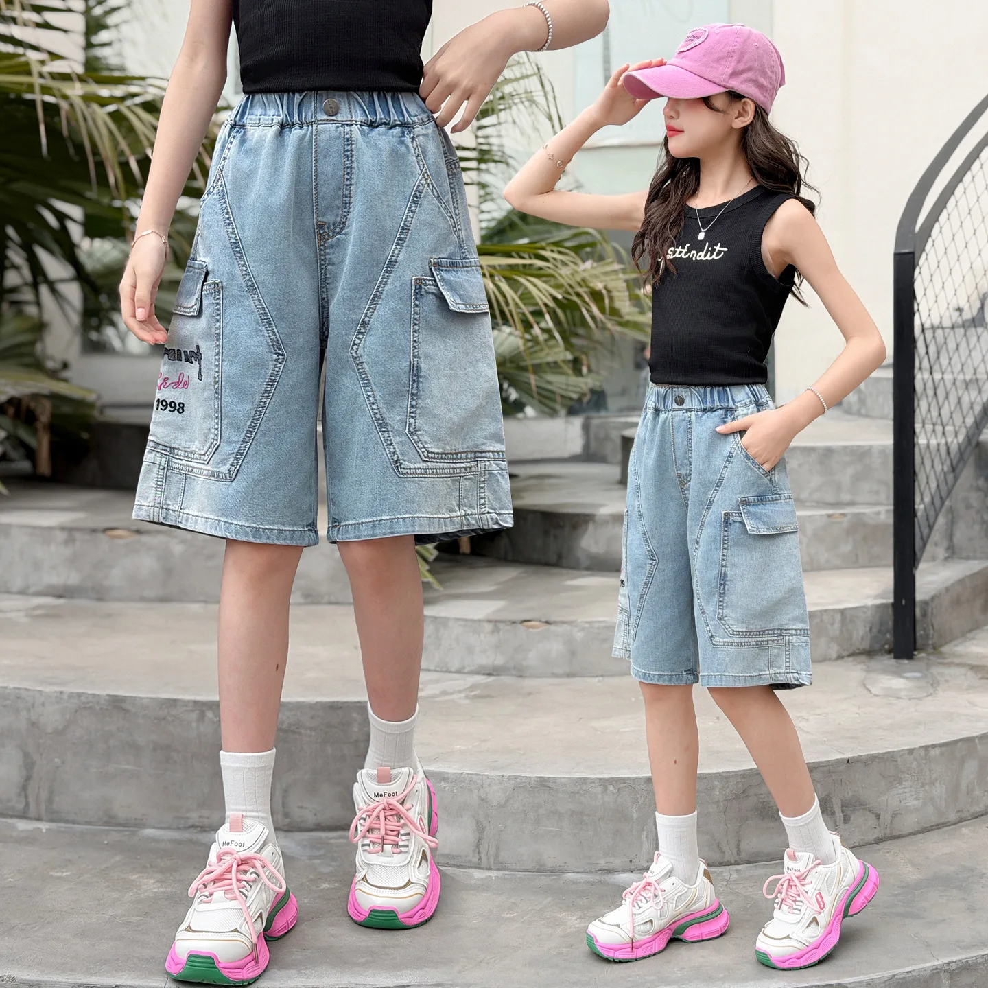 

Girls' Summer Denim Cargo Shorts Casual Short Jeans for 4-14Y Kids Elastic Waist Side Pockets Soft Washed Cotton Denim Bottoms