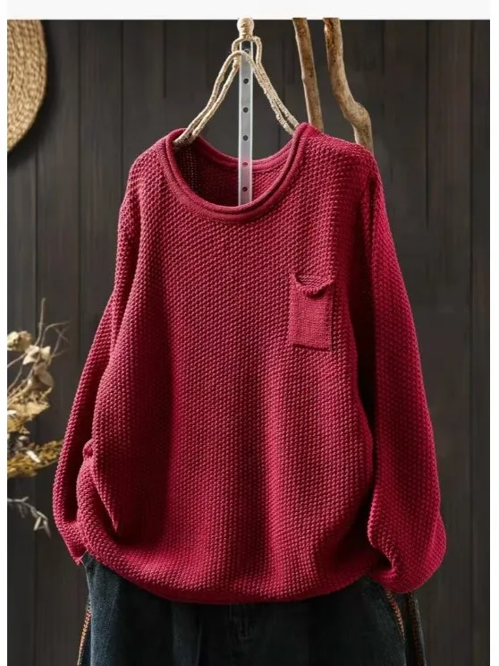 

Women's Loose Fit Long Sve Knitted Cotton round Ne Base irt Autumn Early Season Versatile Comfortable Breathable Top