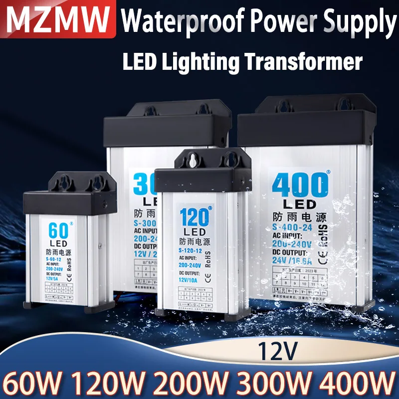 MZMW 60W 120W 200W 300W 350W 400W Rainproof Switching Power Supply AC 220V To DC 5V 12V Outdoor SMPS LED Lighting Transformer