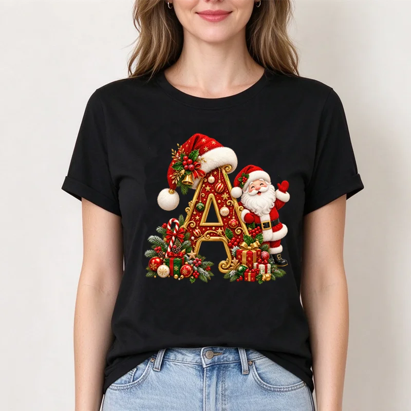Women Christmas Letter A-Z Santa Claus Graphic T-shirt Merry Xmas Santa Hat Holly Gift Print Short Sleeve Tee Holiday Party Tops