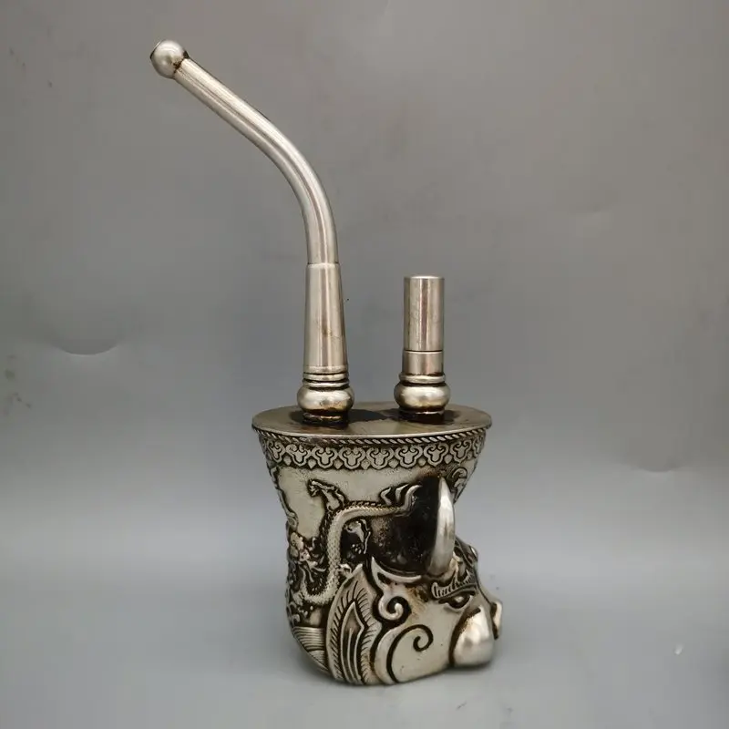 Antique-style vintage smoking accessories, traditional pure copper bull-head double-dragon hookah, creative small gift for men
