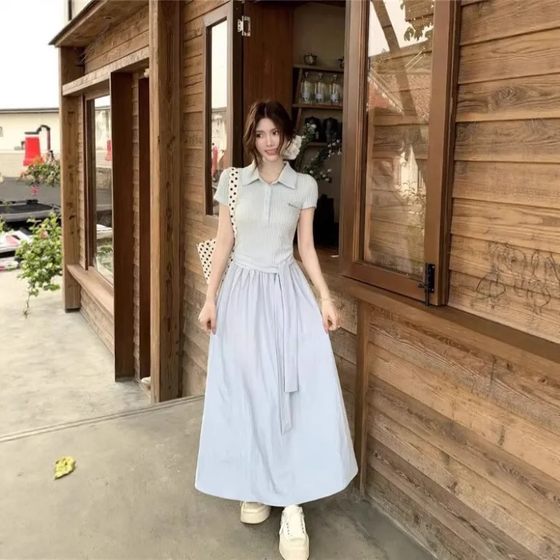 2025 جديد اليابانية الكورية أنيقة الصيف بولو فستان بياقة تي شيرت الربط قصيرة الأكمام النساء الركبة طول مرونة الخصر فساتين