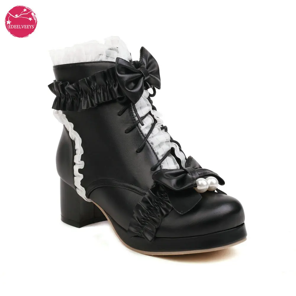 

Autumn Winter Women Sweet Lolita Boots Side Zipper Lace Up Chunky Heels Round Toe Ankle Bow Pearl Cosplay Dress JK Uniform Shoes