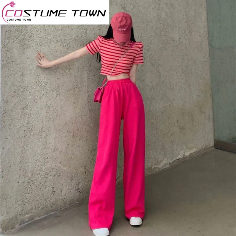 Summer New Fashion Set Women's Dragon Fruit Color High Waist Casual Wide Leg Pants Striped T-shirt Pants Two Piece Set Fashion