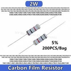 200 SZTUK 2W Rezystor z folii węglowej 5% 0.5 1R 1M 10R 100R 220R 330R 1K 2.2K 3.3K 4.7 6.8K 10K 22K 47K 100K 10 100 220 330 470 910 ohm