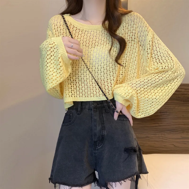 

Spring and Summer New Knitted Sweater Loose Casual Top with Round Neck Short Hollow Long Sleeve Sunscreen Blouse Women