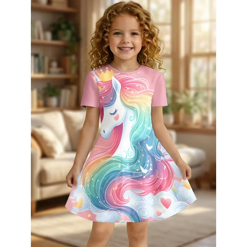Girl Rainbow Unicorn Printed T-shirt Dress Fairy Tale Party Role Playing Pink Casual Dress Suitable for Birthday Gifts