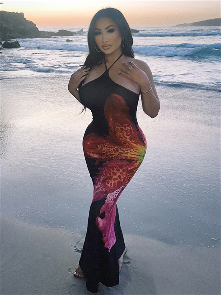 Simenual Harajuku موضة زهرة طباعة الرسن فستان طويل Fairycore بحر Y2K عارية الذراعين فساتين بلا أكمام عطلة وتتسابق