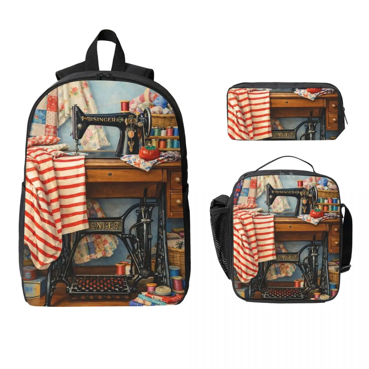 Sewing Machine Sewing Time Backpack Boys Girls BookBag School Bag Computer Shoulder Bags 3ps Insulated Lunch Bag Pencil Case