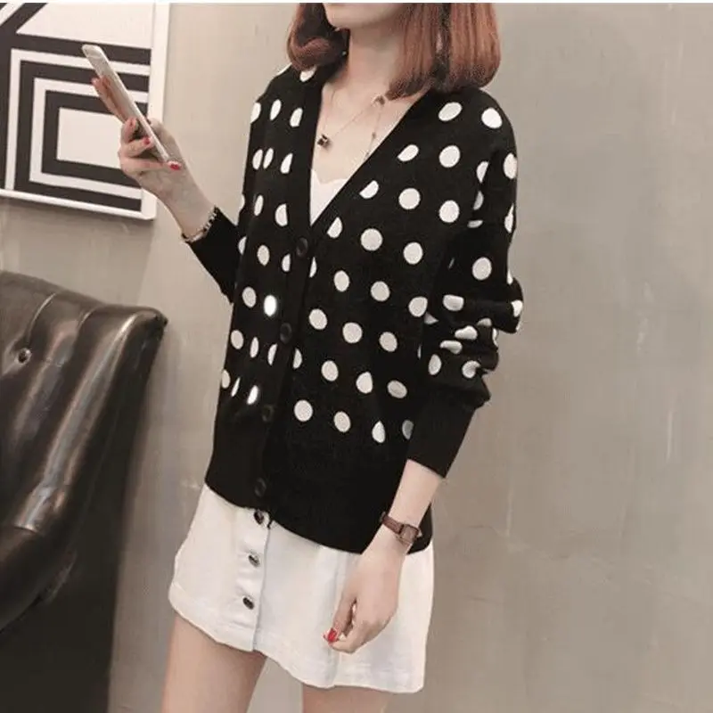 New Knitted Cardigan Jacket for Womenshort Style with Dotted Long Sleeves Loose Fitspring and Autumn Sweaters Versatile Top