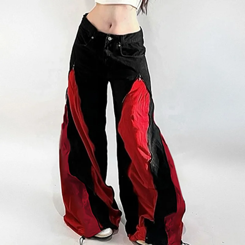 

Women's Clothing Trendy Street Spicy Girls Low Waist Loose and Wide Leg Zipper Red Black Design Contrasting Jeans for Women ﻿