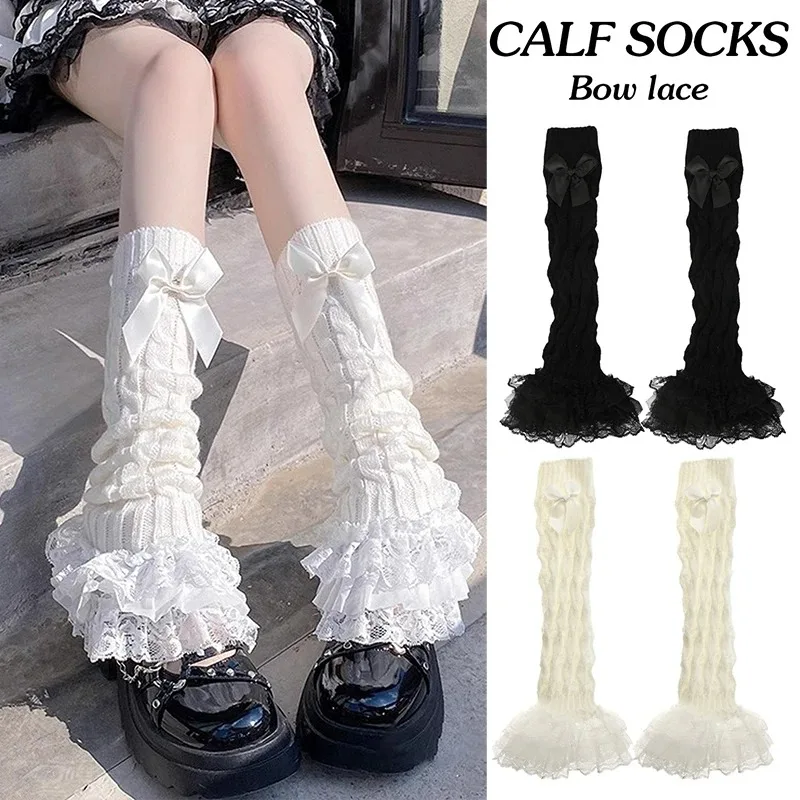 1pair Japanese Winter Warm Socks Lolita Lace Warm Leg Knitted Socks Knitted Foot Covers Leg Warmers with Bow for Women
