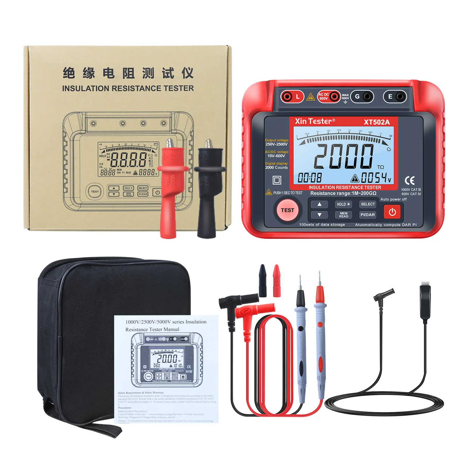 Xin Tester Digital Insulation Resistance Tester Auto range PI RCD Measurement Tester AC DC Voltmeter 10V-600V  XT501A 502A