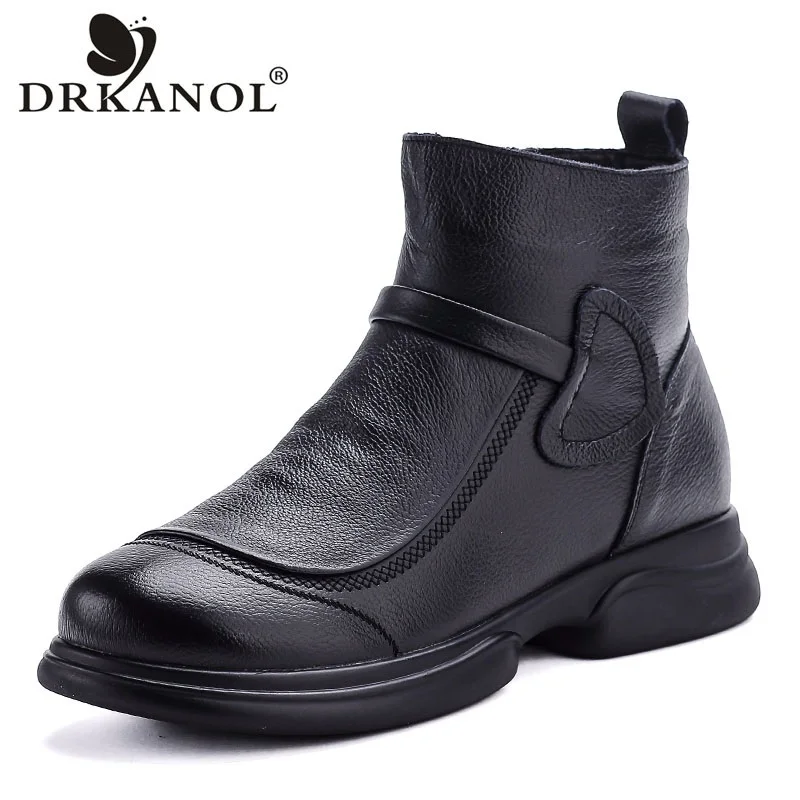

DRKANOL Fashion Women Genuine Leather Ankle Boots Autumn Winter Round Toe Flat Heel Side Zipper Retro Style Warm Short Boots