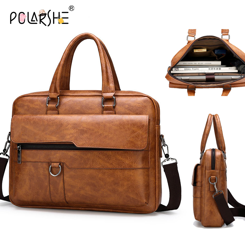Polarshe Men Briefcase Bag Leather Man Handbag Large Capacity 14 inch Laptop Bag Brand Business Man Shoulder Messenger Bag сумка