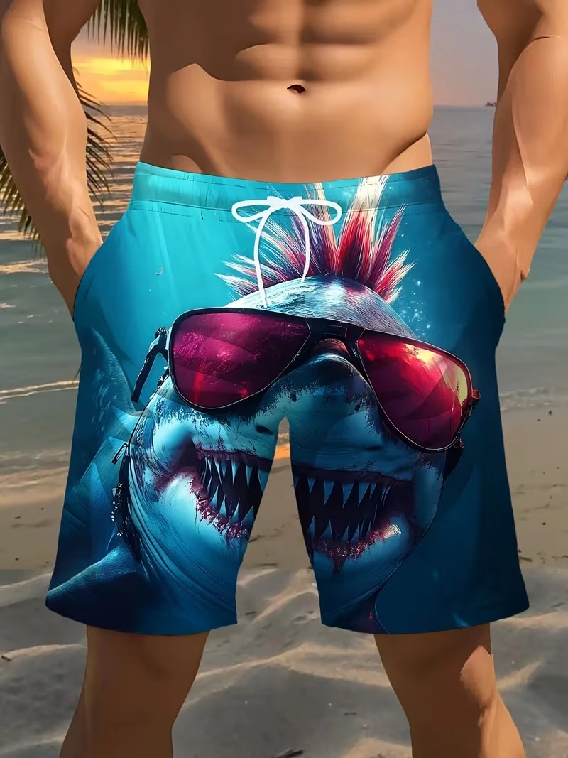 Trendy Cartoon Shark 3D Print Beach Trunks Quick Dry Drawstring Waist Oversized Casual Swim Shorts Hip Hop Street Summer Bottoms