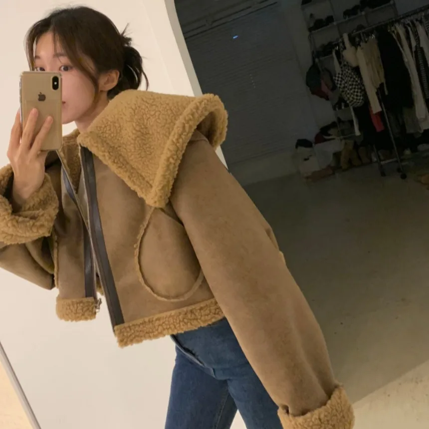 ラムファー ジャケット レディース オルト スレ ビッグカラー 冬コート スイート クール PUレザー バイカー服 韓国風 スレ レギュラーフィット